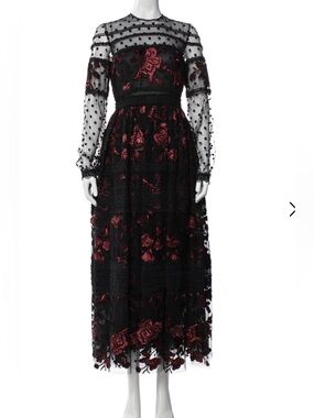 Black Long-Sleeve Mesh Maxi Dress with Burgundy Floral Embroidery
